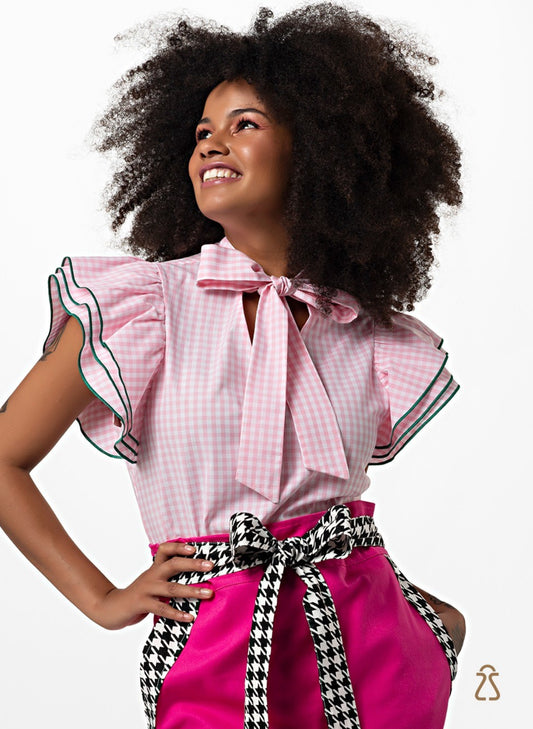 Apron Olga / Pink Pied de Poule Black